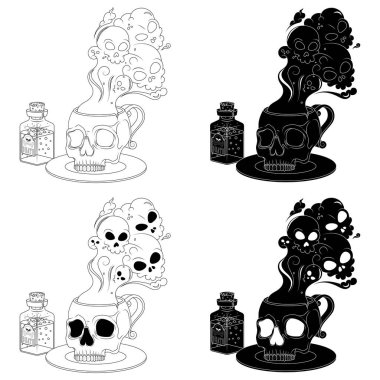 Zehirli çay fincanı insan kafatası şeklinde, Kafatası şekilli kahve fincanı zehirli ölüm dumanı, Cadılar Bayramı için şeytani kupa