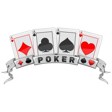 Poker kartları bir kurdele, poker sembolleri ile çevrili kalp, elmas, kulüp ve as