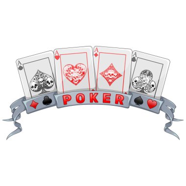 Kurdele, kalp, elmas, sopa ve farklı kafatası tasarımlarıyla çevrili poker kartları.