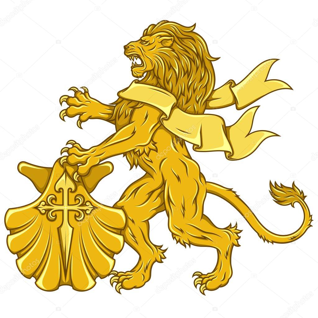 Rampant lion with ribbon and cross of Santiago, heraldic feline with ribbon