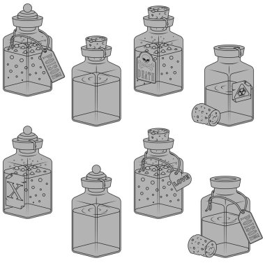 Cam kavanoz dolusu sıvı madde, mantarlı sihirli iksir kapları.