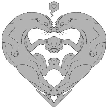 Kalp şeklinde su samuru çifti, hayvanlarla Sevgililer Günü sembolü, deniz memelileriyle doğa aşkı.