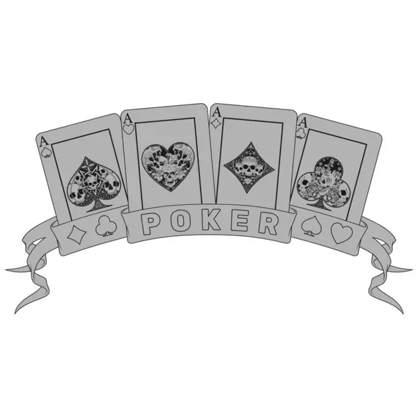 Kurdele, kalp, elmas, sopa ve farklı kafatası tasarımlarıyla çevrili poker kartları.