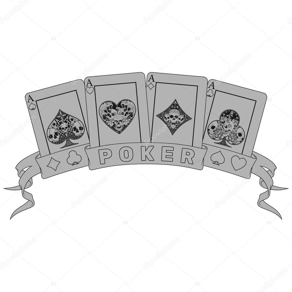 Poker cards surrounded with a ribbon, poker symbols of heart, diamond, club and ace with different skull designs