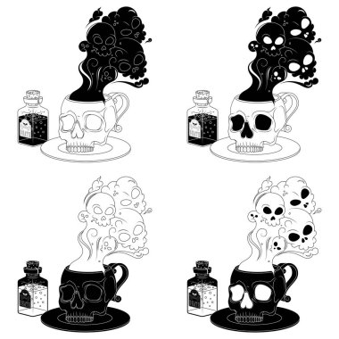 Zehirli çay fincanı insan kafatası şeklinde, Kafatası şekilli kahve fincanı zehirli ölüm dumanı, Cadılar Bayramı için şeytani kupa