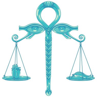 Eski Mısır 'da Osiris' in yargılama terazisi. Anubis kalp ağırlığında pullar, Horus 'un gözleriyle Mısır pulları.