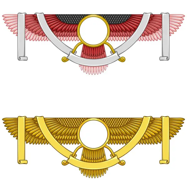 Faravahar sembolünün vektör tasarımı, Zoroastrian dininin sembolü, kurdeleyle çevrili kanatlı güneş diski.