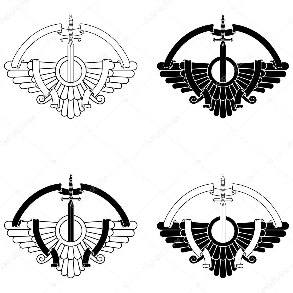 Vector design of Faravahar symbol, symbol of Zoroastrian religion, winged sun disk surrounded by ribbon and sword of medieval soldier
