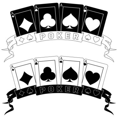 Poker kartları bir kurdele, poker sembolleri ile çevrili kalp, elmas, kulüp ve as