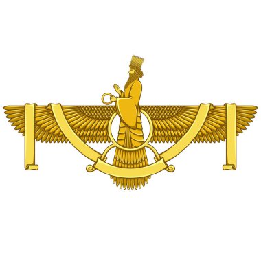 Faravahar sembolünün vektör tasarımı, Zoroastrian dininin sembolü, kanatlı disk üzerindeki kahin Zoroastrianizm, şeritle çevrili.