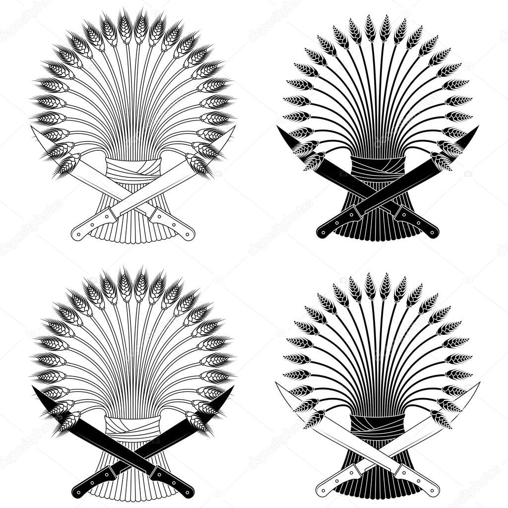 Wheat ears with machetes, Organic farm cereals, Harvesting tool with Wheat sheaf, Crossed machetes with wheat ears