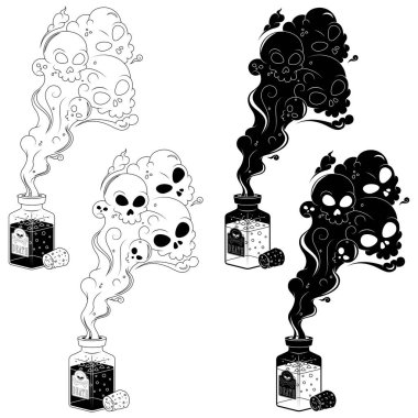 Zehirli dumanlı cam zehir şişesi, mantarlı zehir kutusu, kafataslı Cadılar Bayramı zehirli şişesi