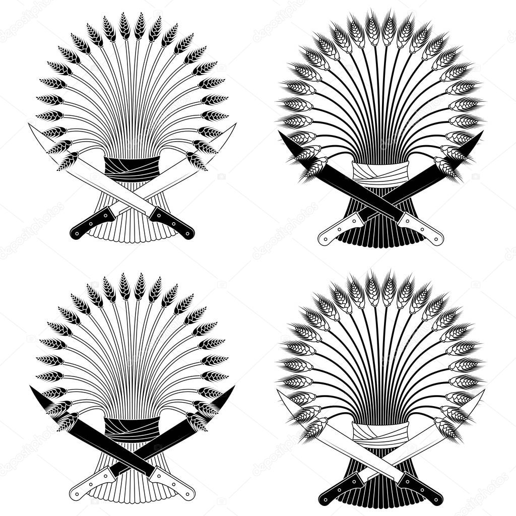Wheat ears with machetes, Organic farm cereals, Harvesting tool with Wheat sheaf, Crossed machetes with wheat ears