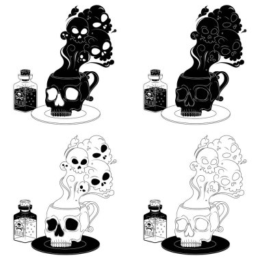 Zehirli çay fincanı insan kafatası şeklinde, Kafatası şekilli kahve fincanı zehirli ölüm dumanı, Cadılar Bayramı için şeytani kupa