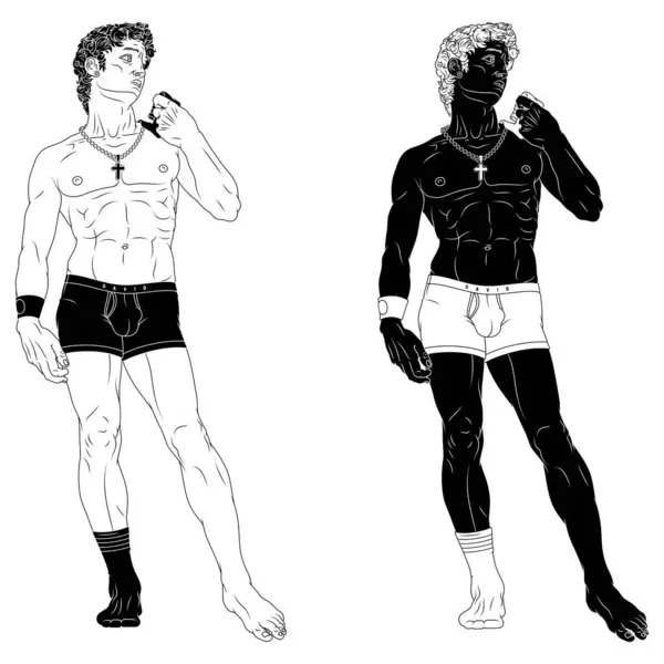 Spor giyimli genç adam, klasik pozlarda iç çamaşırlı genç adam Michelangelo 'nun David' i modern kıyafetler içinde.