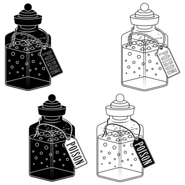 İçinde sihirli sıvı madde olan cam şişe, etiketli sihirli iksir kutusu.