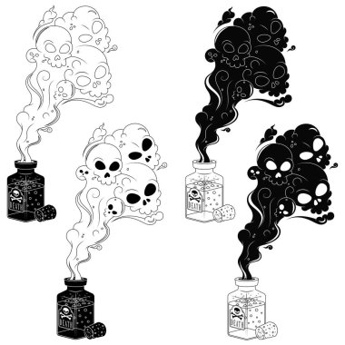 Zehirli dumanlı cam zehir şişesi, mantarlı zehir kutusu, kafataslı Cadılar Bayramı zehirli şişesi