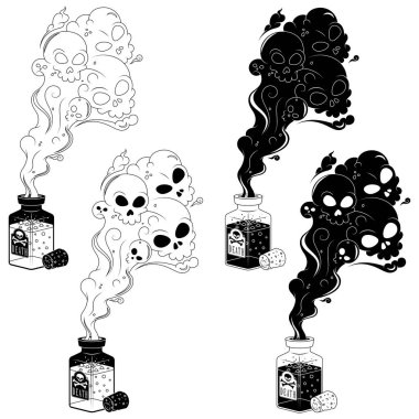 Zehirli dumanlı cam zehir şişesi, mantarlı zehir kutusu, kafataslı Cadılar Bayramı zehirli şişesi