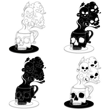 İnsan kafatası şeklinde porselen çay fincanı, kafatası şeklinde kahve fincanı ve tabağı zehirli dumanla dolu şeytani bardak.