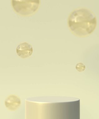 Gerçekçi topları olan bir arka plan, şeffaf köpükler. Soyut asgari tasarım. Podyumu olan hafif arka planda cam top küreleri.