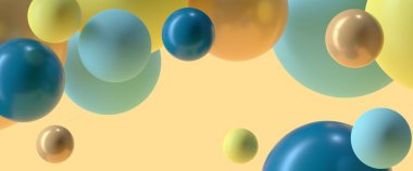 Sarı, mavi ve turuncu toplar. Soyut arkaplan. 3 boyutlu resimleme. 3D Illustration. Gerçekçi topları olan arka plan, şeffaf kabarcıklar.