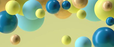 Sarı, mavi ve turuncu toplar. Soyut arkaplan. 3 boyutlu resimleme. 3D Illustration. Gerçekçi topları olan arka plan, şeffaf kabarcıklar.