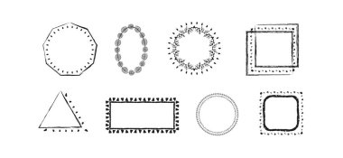 Bir dizi basit çizgi çerçevesi. Metni süslemek için dikey boş şablon koleksiyonu. Selamlama ya da düğün çerçevesi. Botanik dairesi çerçevesi. Zarif asgari vektör izole