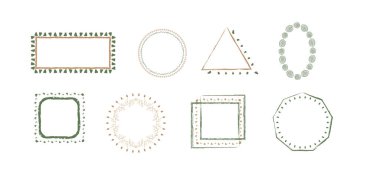 Bir dizi basit çizgi çerçevesi. Metni süslemek için dikey boş şablon koleksiyonu. Selamlama ya da düğün çerçevesi. Botanik dairesi çerçevesi. Zarif asgari vektör izole