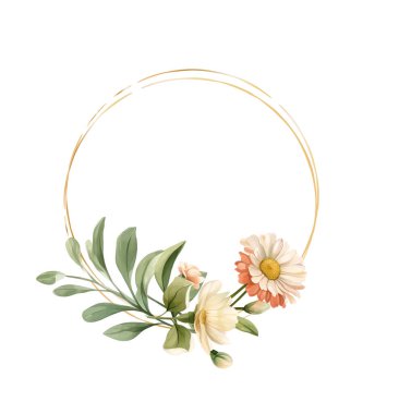 Suluboya Daisy Vektör Çiçekleri. Yazlık çiçeklerle renklendirilmiş renkli çiçek çelenkleri ve metnin için merkez beyaz kopya alanı. Düğün davetiyesi