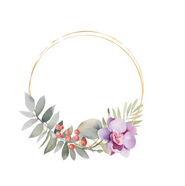 Lüks bej renkli moda vektör tasarım kartı. Geometrik altın sanat. Violet orkidesi. Düğün çerçevesi. Elementler izole ve düzenlenebilir. Orkide pembe suluboya ile yaz indirimi afişi