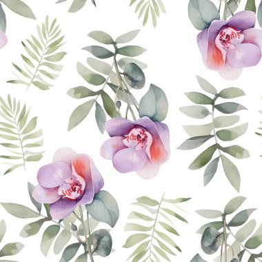Beyaz arka planda orkide çiçekleri olan suluboya dikişsiz desen. Suluboya bebek pembe orkide çiçekleri pürüzsüz desen