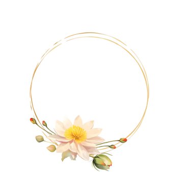 Lotus çiçekleri, elmas ve değerli taşlar, el yazısı mutlu yıllar. Çiçek yuvarlak dekorasyon kenarı, botanik tasarım unsurları, stok vektör illüstrasyonu