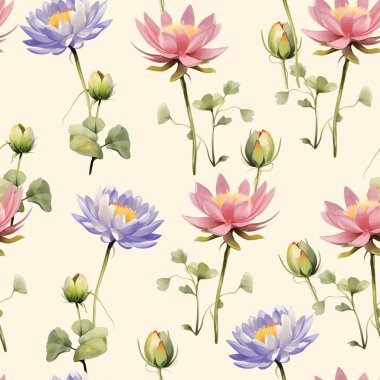 Dekoratif su zambağı arkaplan, sargı, kumaş, tekstil, ambalaj, yüzey, ağ ve baskı tasarımı için kusursuz desen. Kart, başlık, davetiye, poster için yeşil ve beyaz nilüfer çiçeği motifi.