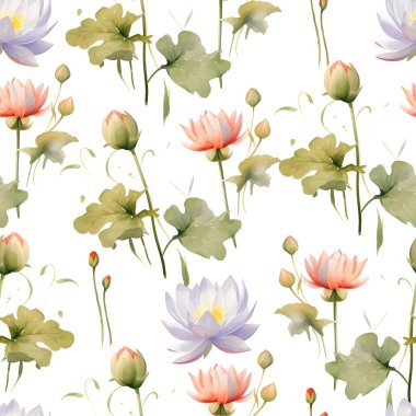 Dekoratif su zambağı arkaplan, sargı, kumaş, tekstil, ambalaj, yüzey, ağ ve baskı tasarımı için kusursuz desen. Kart, başlık, davetiye, poster için yeşil ve beyaz nilüfer çiçeği motifi.