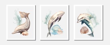 Şirin bir suluboya hayvan ve bitki örtüsü seti deniz vektörü çizimi altında. Karikatür okyanus sahneleri akvaryum ya da deniz suyu koleksiyonu için izole edilmiştir.