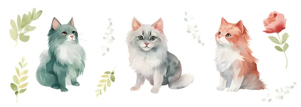 Narysuj Wektor Ilustracja Postać Projekt Baner Ładny Kot Styl Akwareli — Wektor stockowy