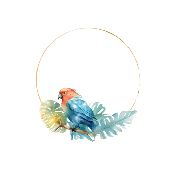 Hochzeitseinladung Mit Schönen Blauen Und Goldenen Ara Papagei Aquarell Vektorillustration — Stockvektor