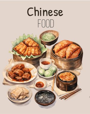Çin mutfağı menü düzeni. Asya yemekleri vektör çizimi. Pekin ördeği, mantı, wonton, kızarmış erişte ve ekmek. Mapo tofu, pirinç, ejderhalar sakal şekeri ve tanghulu..