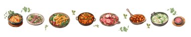 Hint mutfağı kuzu eti, baharat, sebze ve mantar yahnisi, sebze salatası, kızarmış biber, mercimek çorbası, limonlu pirinç, kuzu köftesi, domuz etli pilav, kızarmış süt topu.