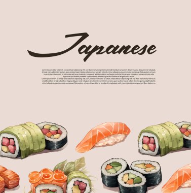 Sketch drawn vector illustration of sushi rolls set and chopsticks in motion against. Cafe poster, signboard, asian cuisine menu decoration, ad banner design clipart