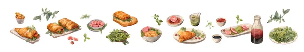 法式烹饪收集美味的食物 孤立的因素 装饰餐厅的概念设计 古色古香的水彩画 — 图库矢量图片
