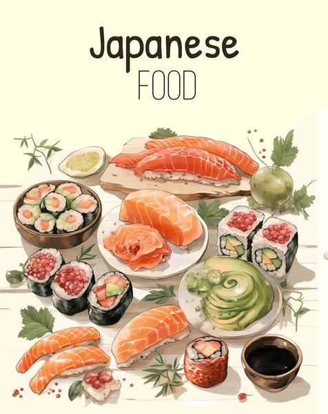 Μια Διανυσματική Απεικόνιση Της Ιαπωνικής Κουζίνας Τροφίμων Εικονογράφηση Διάνυσμα Ακουαρέλα — Διανυσματικό Αρχείο