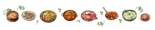 Indische Nationalküche Mit Lammcurry Chutney Gemüse Und Pilzeintopf Gemüsesalat Gebratenem — Stockvektor
