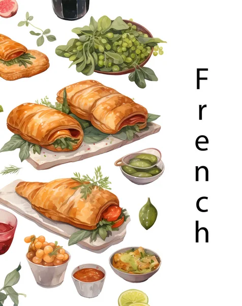 Masakan Perancis Koleksi Makanan Lezat Elemen Terisolasi Konsep Desain Untuk - Stok Vektor