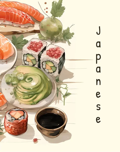 Wektorowa Ilustracja Japońskiej Kuchni Żywności Wektor Ilustracja Akwarela Japońskie Jedzenie — Wektor stockowy