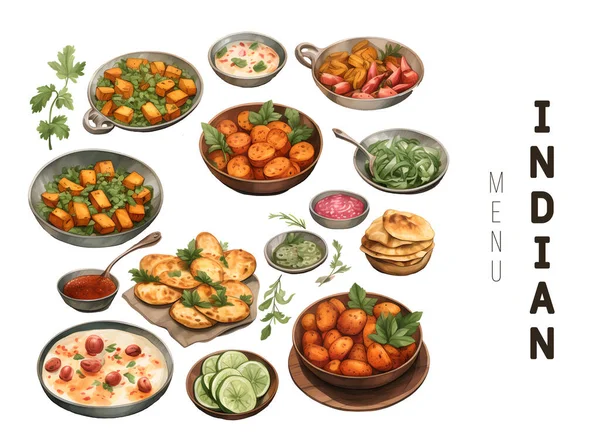 Traditionellt Indiskt Kök Restaurang Mat Ingredienser Piktogram Komposition Affisch Med — Stock vektor