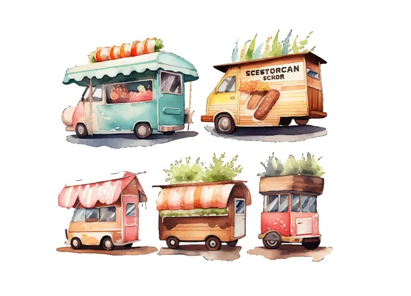 Kiosk vendor. Street tent, cart and truck sell fast food, books, clothes and flowers. Outdoor market with merchants and customers vector set. 