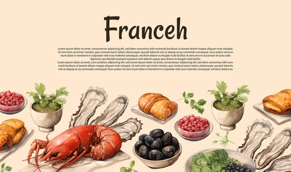 Французская Еда Напитки Рамка Цвете Гравированные Мясные Блюда Закуски Десерты — стоковый вектор
