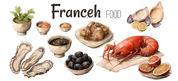 Conjunto Vetorial Cozinha Francesa Comida Nacional França Ícones Para Menu — Vetor de Stock