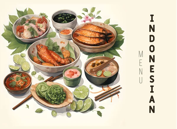 Индонезийская Кухня Ручной Работы Вектор Иллюстрации Индонезийская Коллекция Продуктов Питания — стоковый вектор